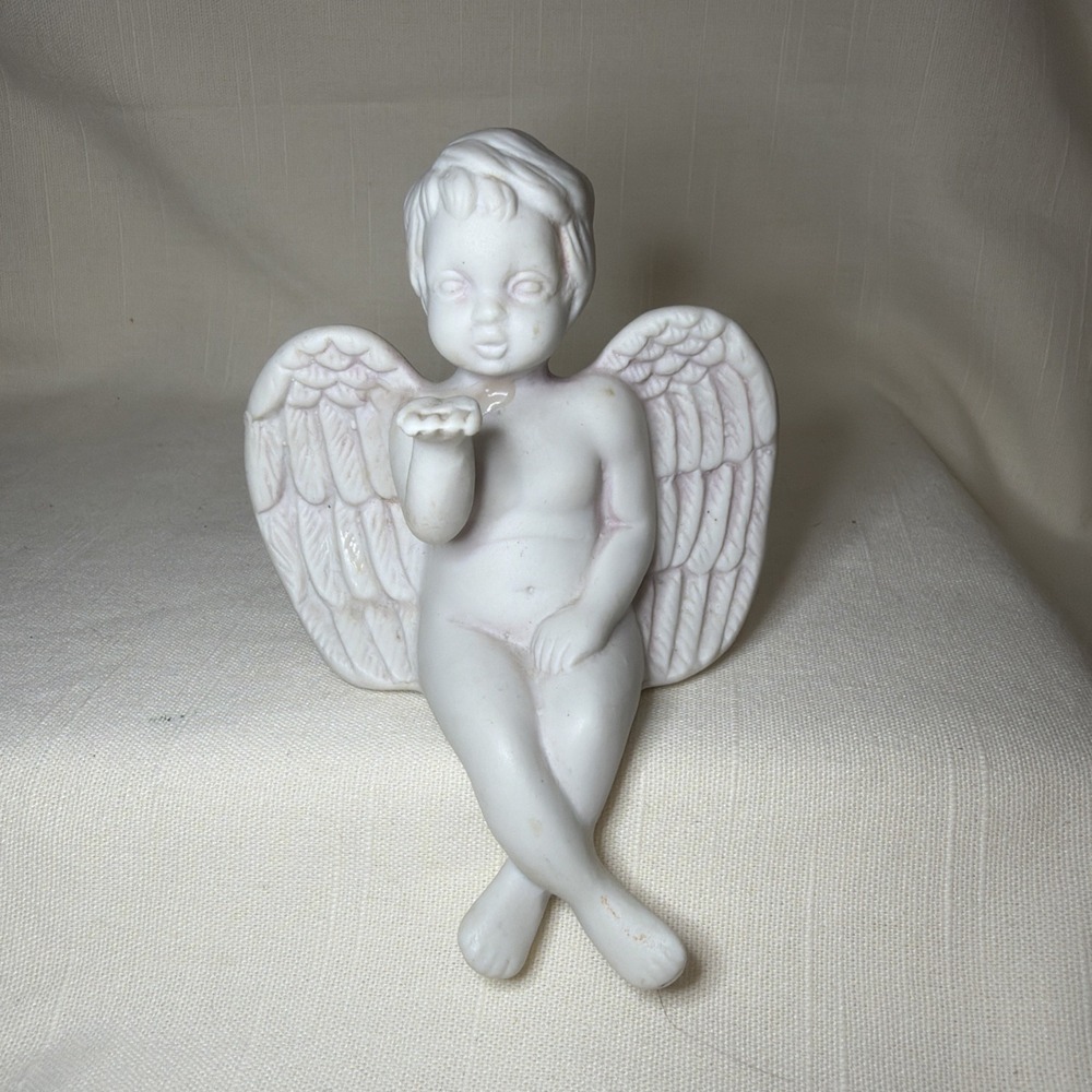 Ceramic White Cherub Angel Figurine Sculpture Matte Finish shelf sitter angel